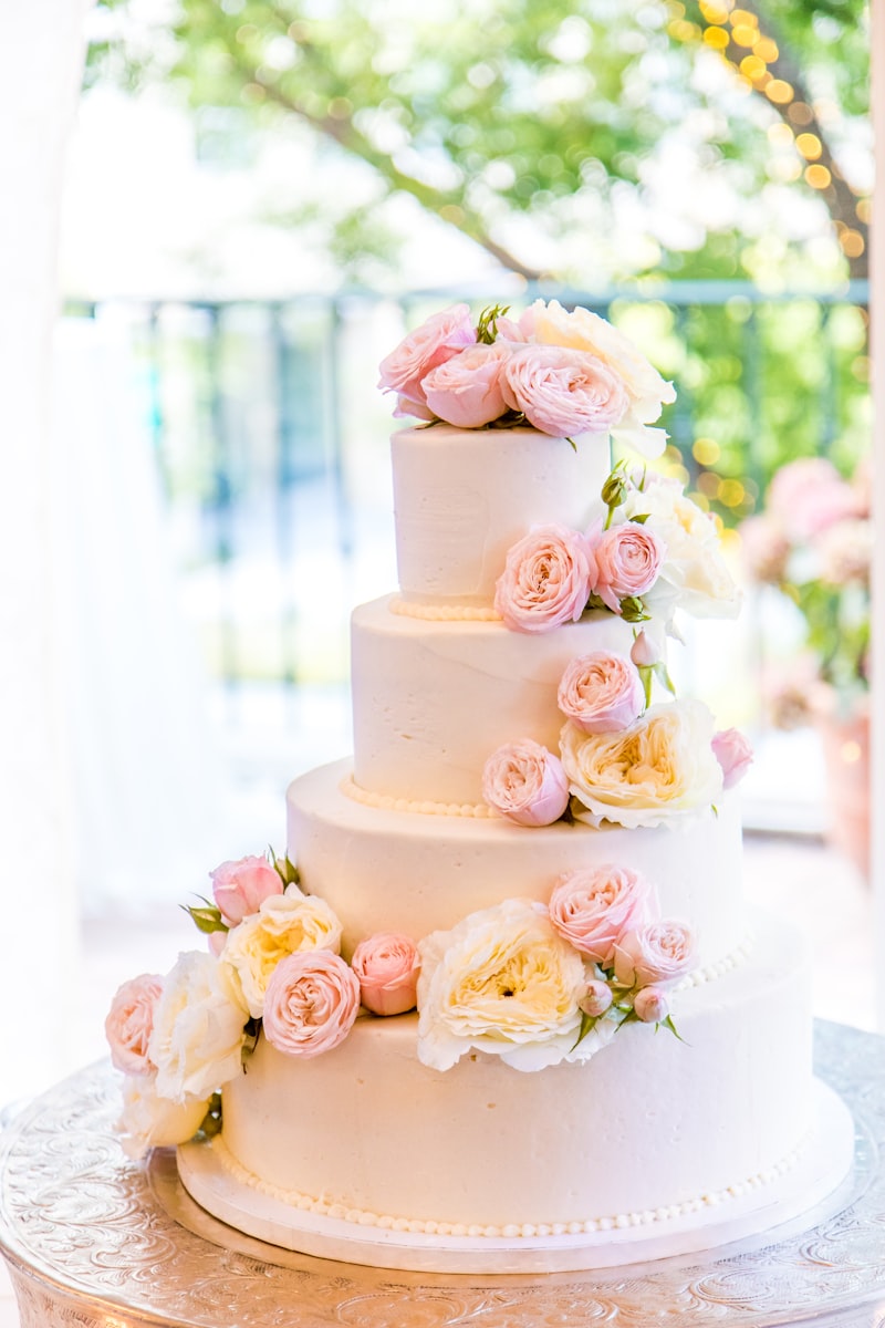 Beautiful tiered wedding cake with flowers