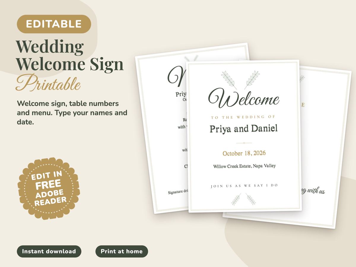 Editable Wedding Welcome Sign with Table Numbers and Menu, image 1