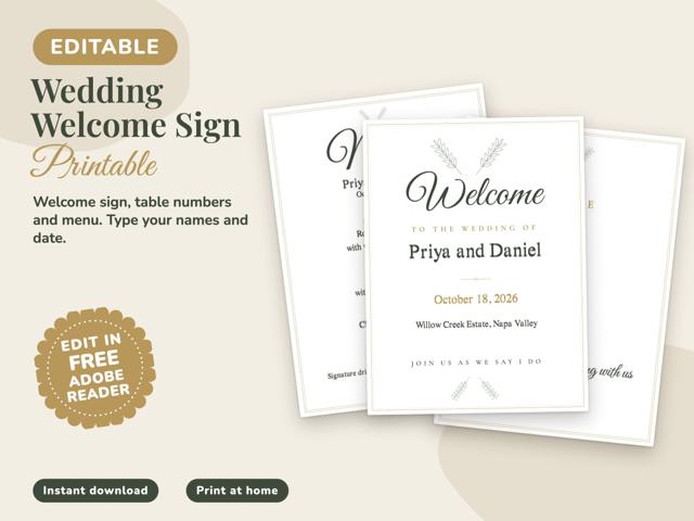 Editable Wedding Welcome Sign with Table Numbers and Menu