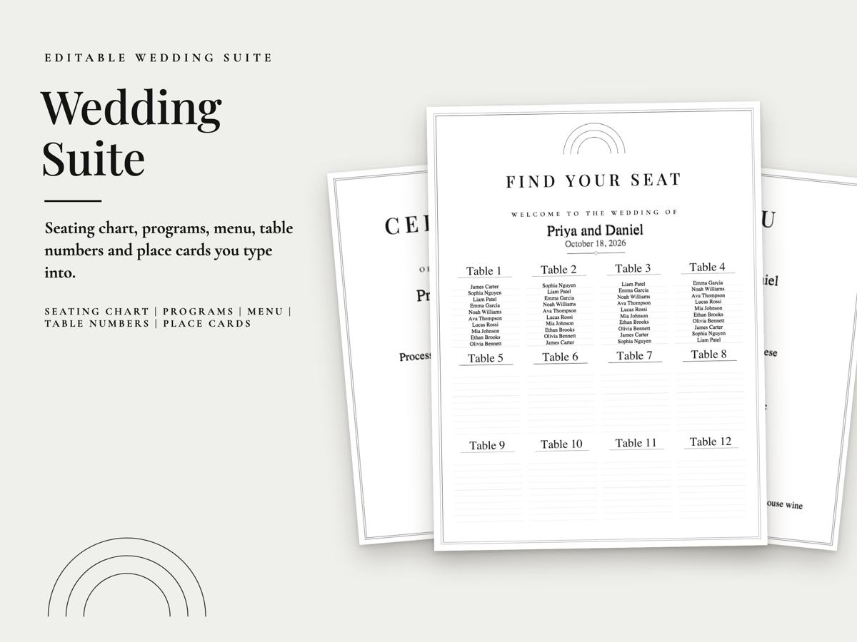 Modern Minimal Wedding Suite: Seating Chart, Program, Menu and Table Numbers, image 1
