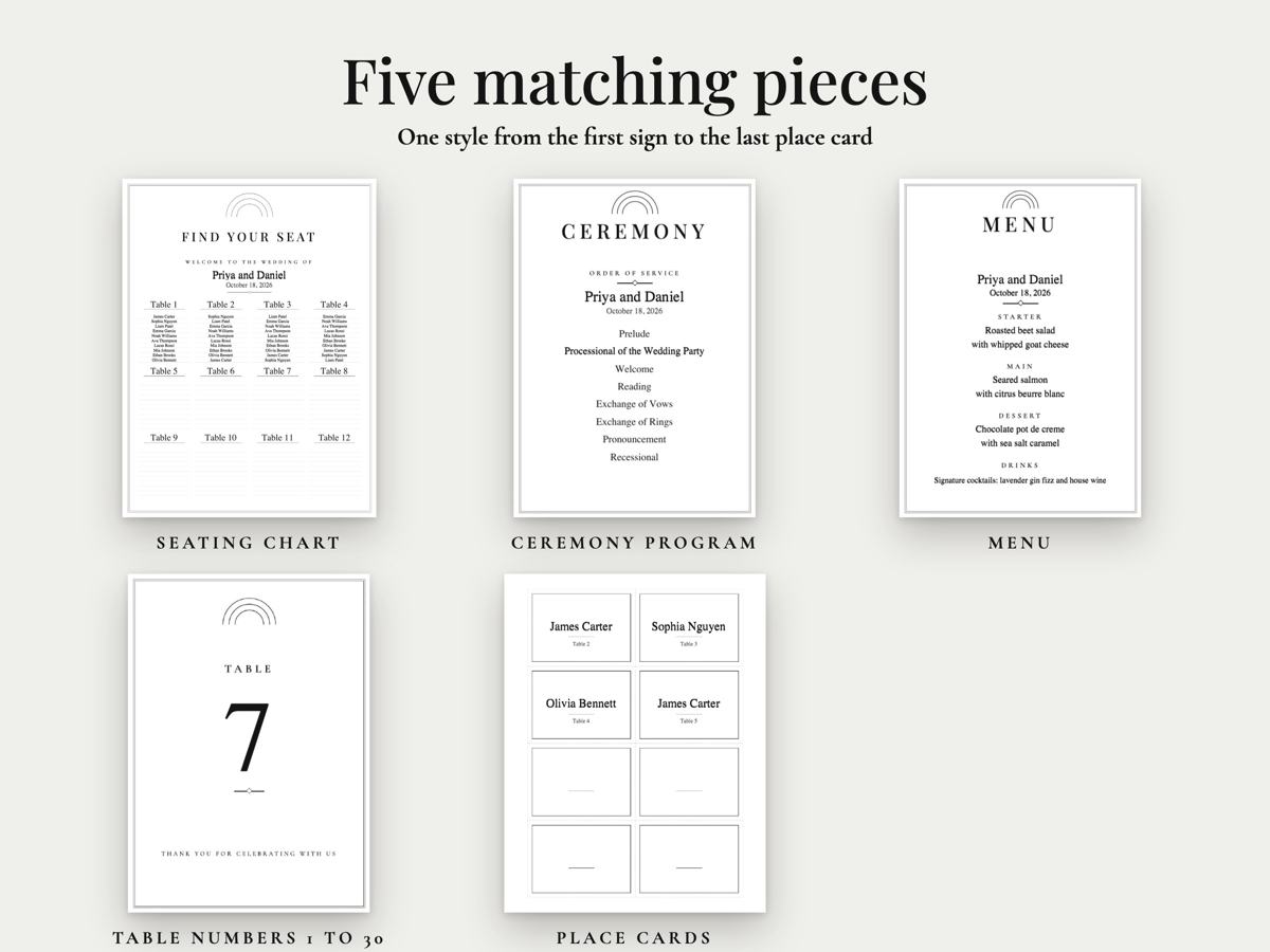 Modern Minimal Wedding Suite: Seating Chart, Program, Menu and Table Numbers, image 2