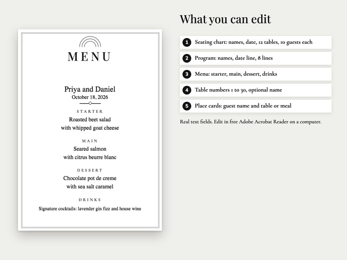 Modern Minimal Wedding Suite: Seating Chart, Program, Menu and Table Numbers, image 3