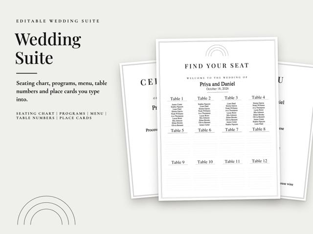 Modern Minimal Wedding Suite: Seating Chart, Program, Menu and Table Numbers