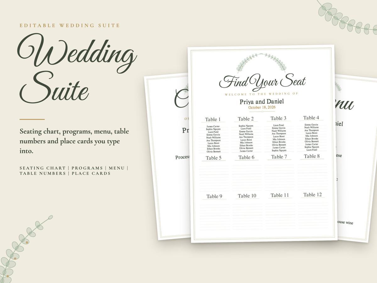 Sage Green and Gold Wedding Suite: Seating Chart, Program, Menu and Table Numbers, image 1
