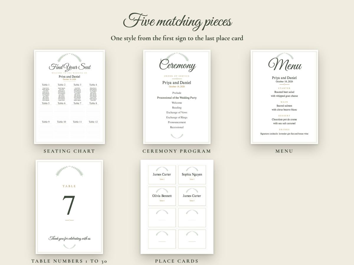 Sage Green and Gold Wedding Suite: Seating Chart, Program, Menu and Table Numbers, image 2