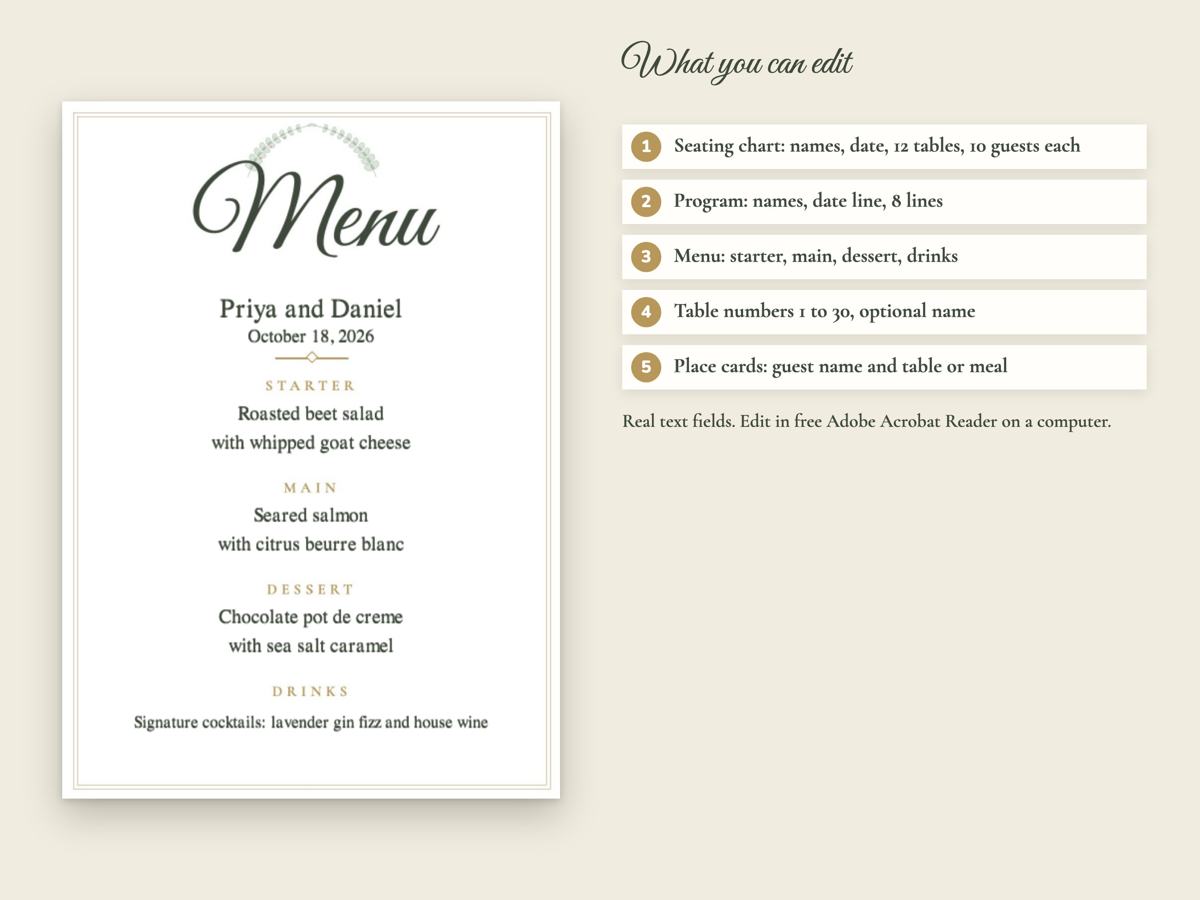 Sage Green and Gold Wedding Suite: Seating Chart, Program, Menu and Table Numbers, image 3
