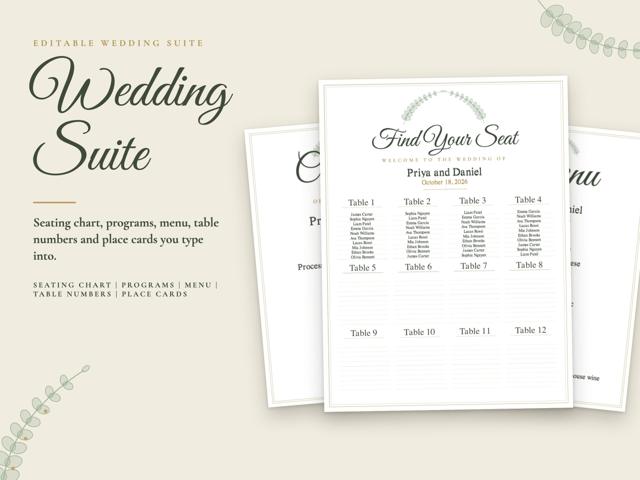 Sage Green and Gold Wedding Suite: Seating Chart, Program, Menu and Table Numbers