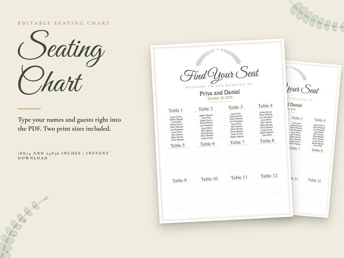 Editable Wedding Seating Chart, 18x24 and 24x36, image 1