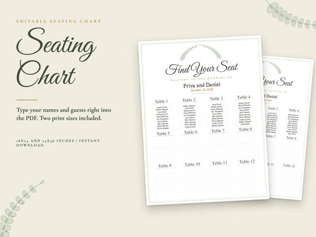 Editable Wedding Seating Chart, 18x24 and 24x36